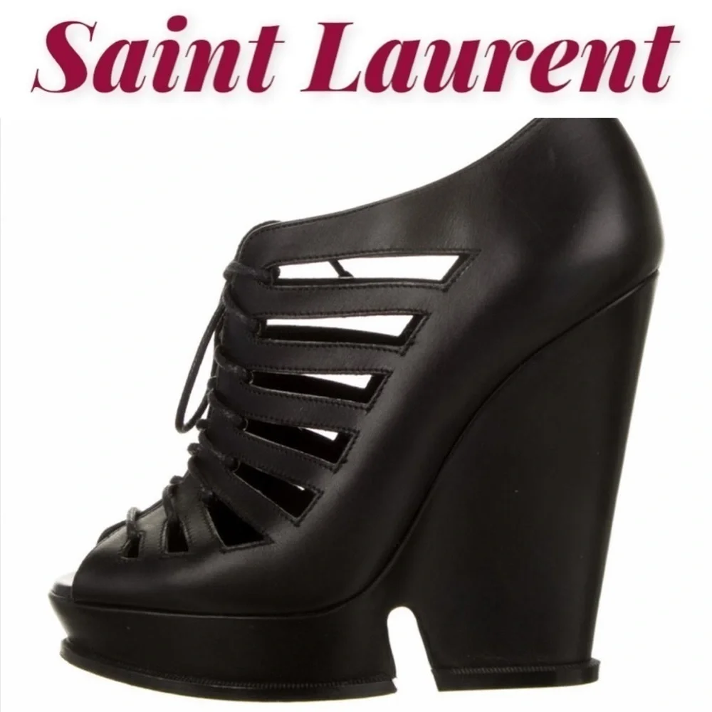 ❤️‍🔥❤️‍🔥❤️‍🔥 YSL Hortense Caged Lace Up Leather Wedge Booties, Size 6